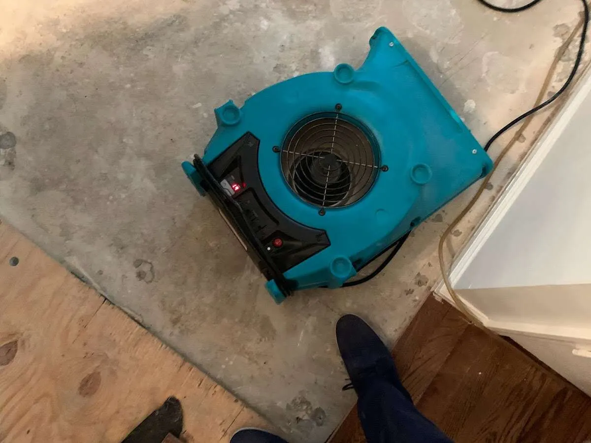 Air mover drying subfloor during Commercial Water Damage Restoration in Mascoutah